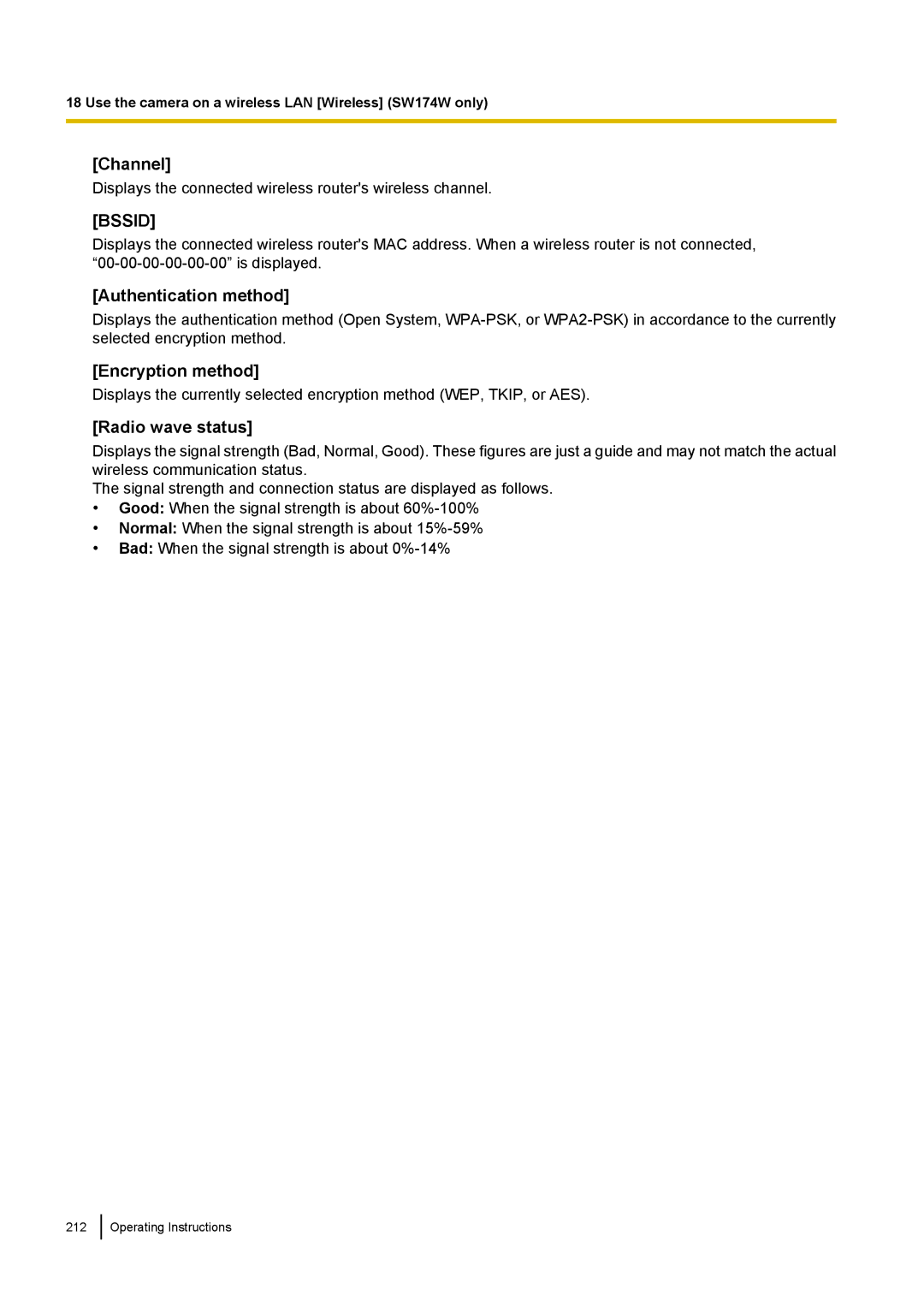 Panasonic WV-SW170, WV-SW390, WV-ST160, WV-SC380 operating instructions Channel, Authentication method, Radio wave status 