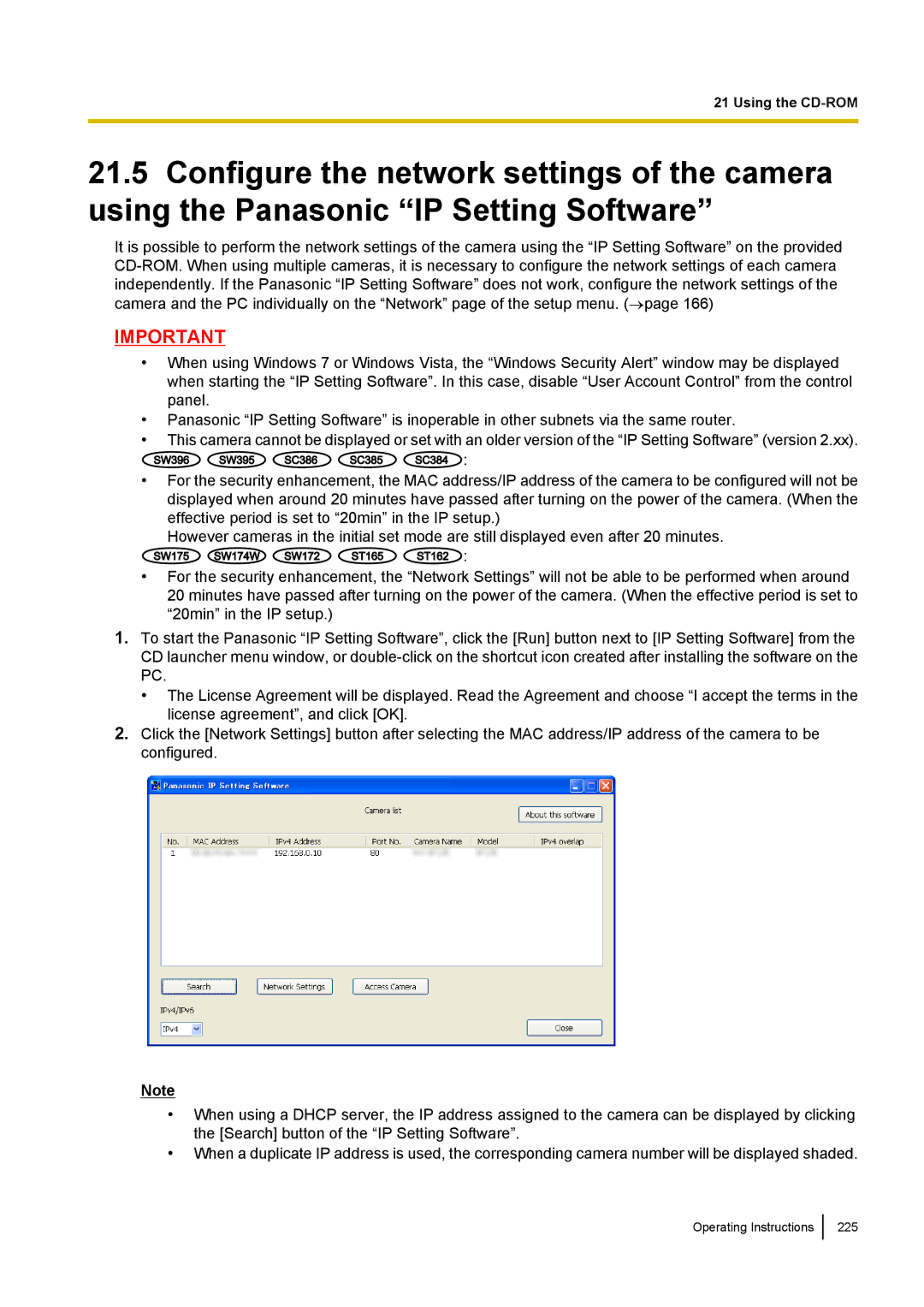 Panasonic WV-SW390, WV-SW170, WV-ST160, WV-SC380 operating instructions Operating Instructions 225 