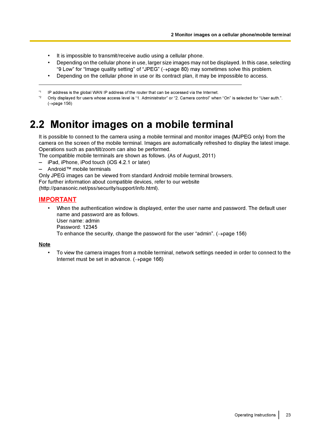 Panasonic WV-SC380, WV-SW170, WV-SW390, WV-ST160 operating instructions Monitor images on a mobile terminal 