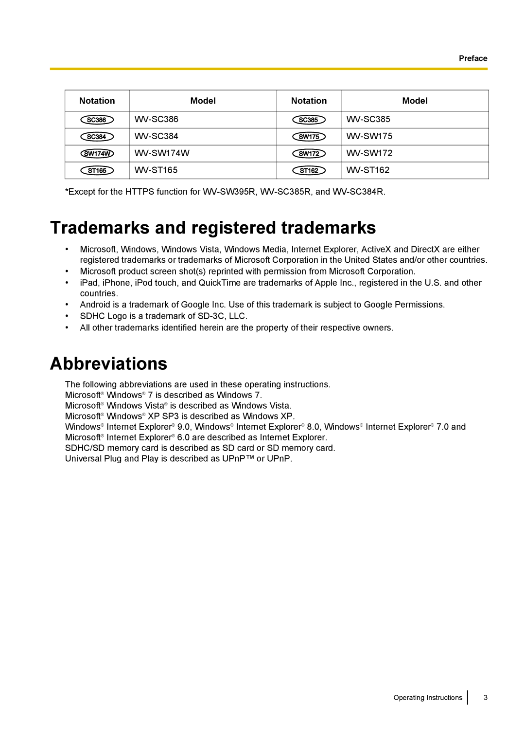 Panasonic WV-SC380, WV-SW170, WV-SW390, WV-ST160 operating instructions Trademarks and registered trademarks, Abbreviations 