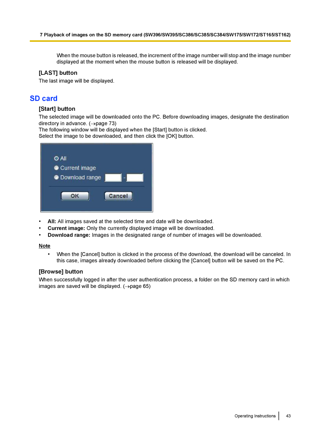 Panasonic WV-SC380, WV-SW170, WV-SW390, WV-ST160 operating instructions SD card, Start button, Browse button 