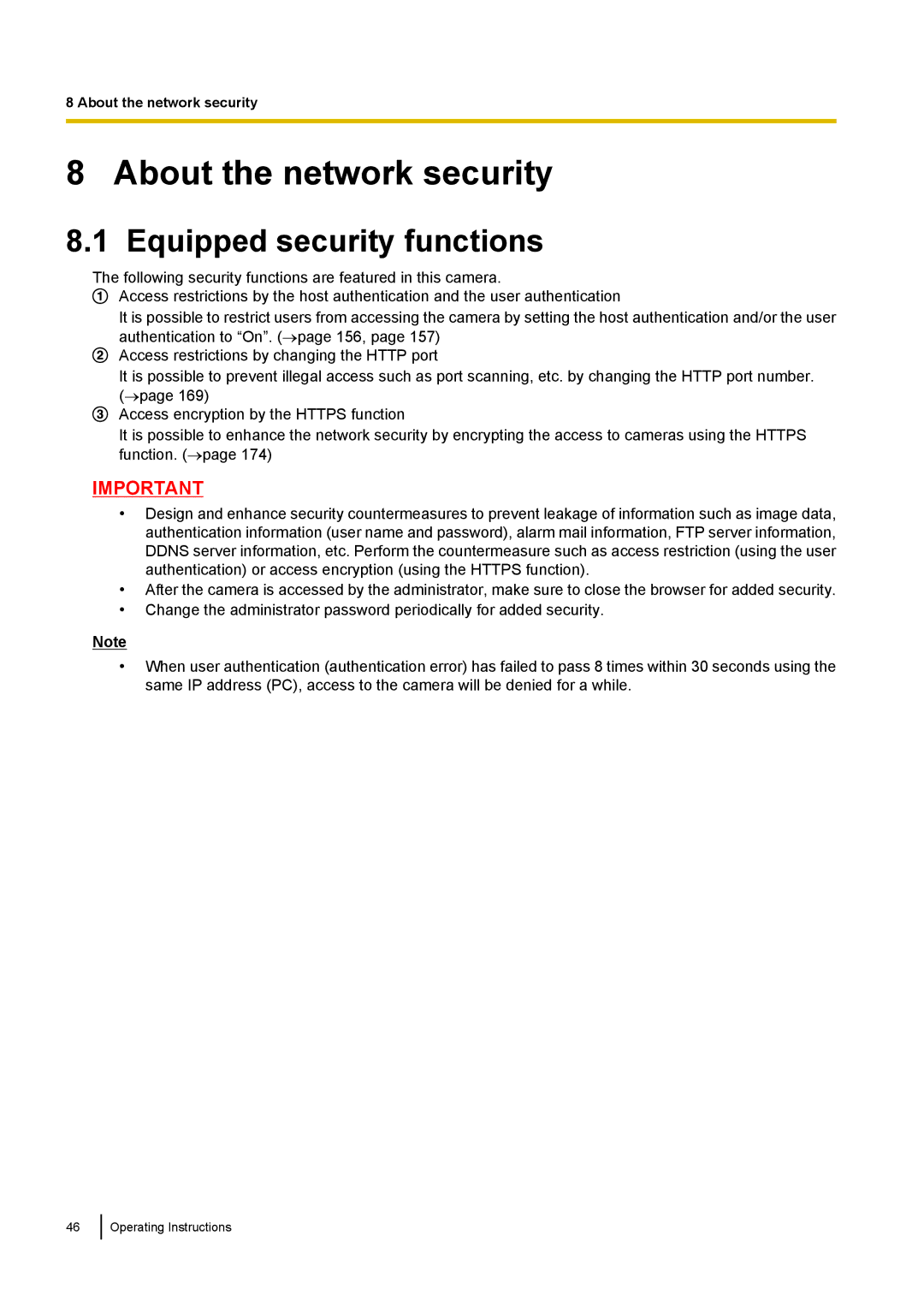 Panasonic WV-ST160, WV-SW170, WV-SW390, WV-SC380 About the network security, Equipped security functions 