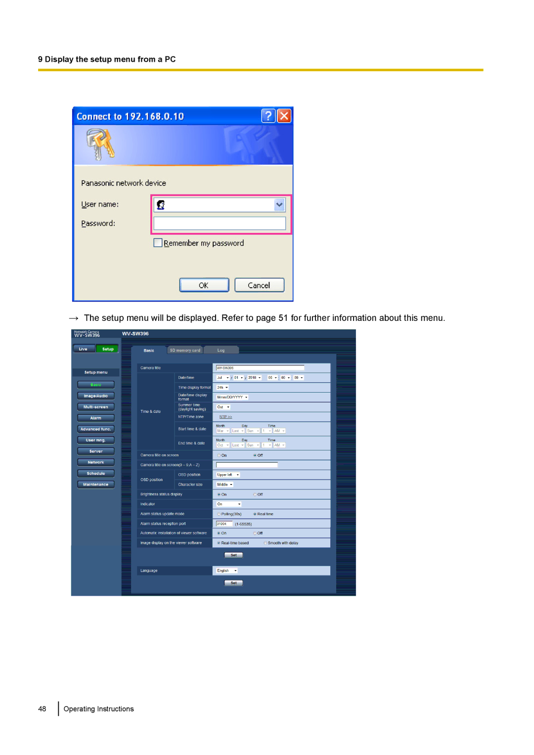 Panasonic WV-SW170, WV-SW390, WV-ST160, WV-SC380 operating instructions Display the setup menu from a PC 