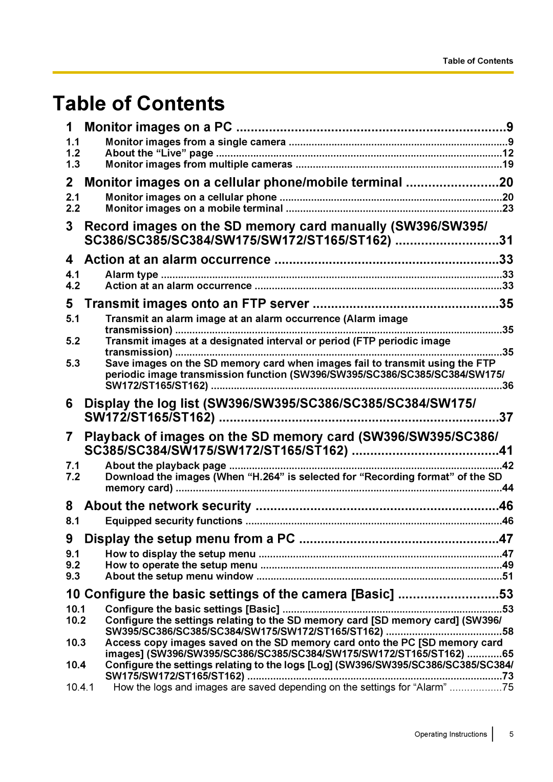 Panasonic WV-SW390, WV-SW170, WV-ST160, WV-SC380 operating instructions Table of Contents 