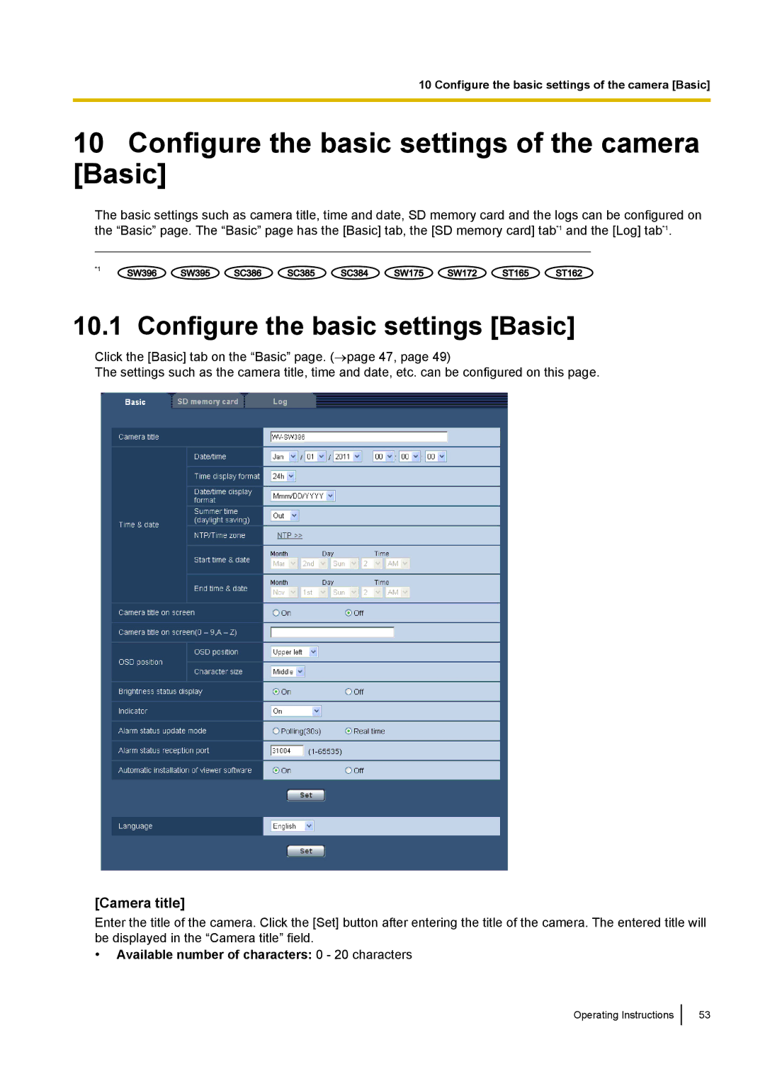 Panasonic WV-SW390 Configure the basic settings of the camera Basic, Configure the basic settings Basic, Camera title 