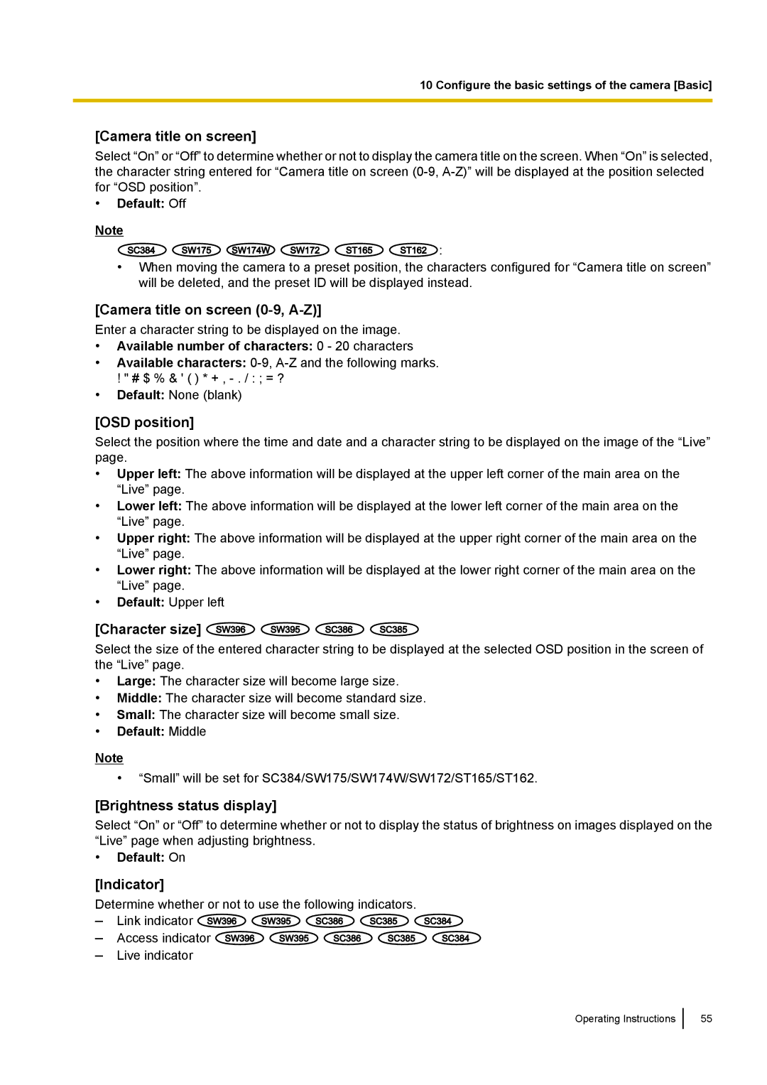 Panasonic WV-SC380 Camera title on screen 0-9, A-Z, OSD position, Character size, Brightness status display, Indicator 