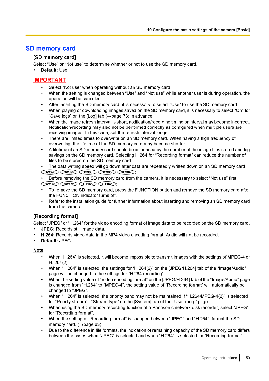 Panasonic WV-SC380, WV-SW170, WV-SW390, WV-ST160 SD memory card, Recording format, Default Use, Default Jpeg 