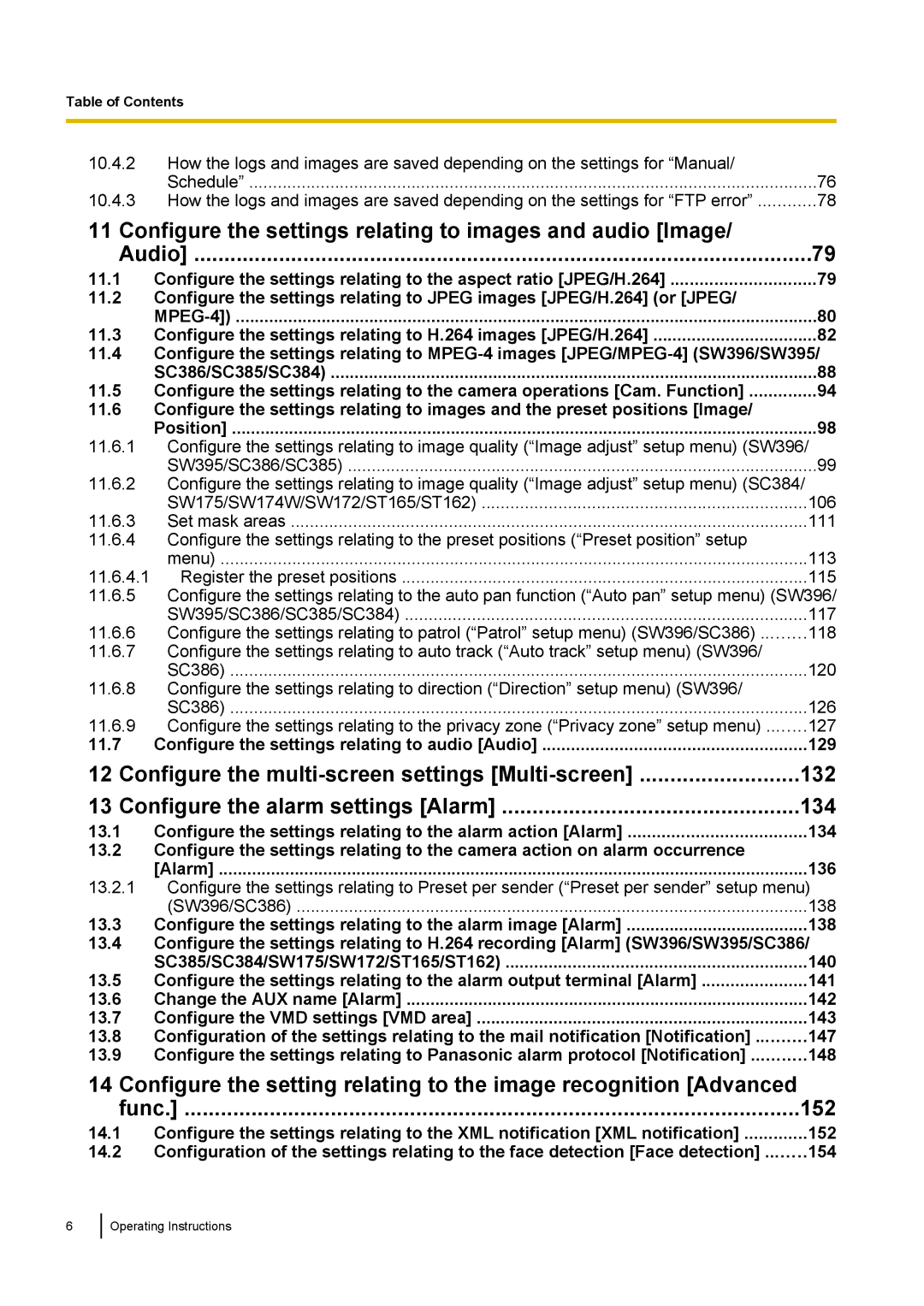 Panasonic WV-ST160, WV-SW170 141, Change the AUX name Alarm 142 13.7, 143, 13.8, 147, 13.9, 148, 14.1, 152, 14.2, 154 