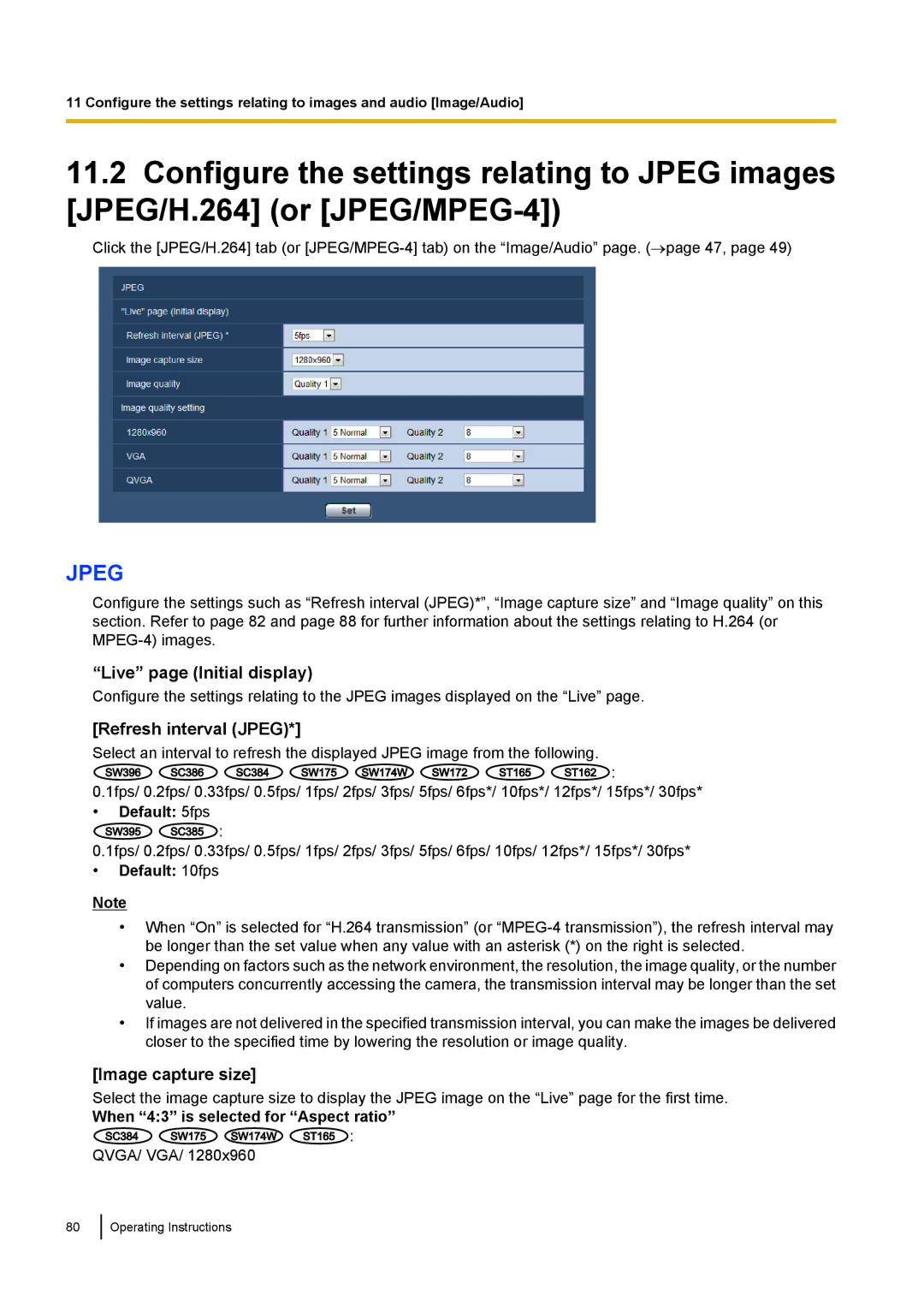 Panasonic WV-SW170, WV-SW390, WV-ST160 Live page Initial display, Refresh interval Jpeg, Default 5fps, Default 10fps 