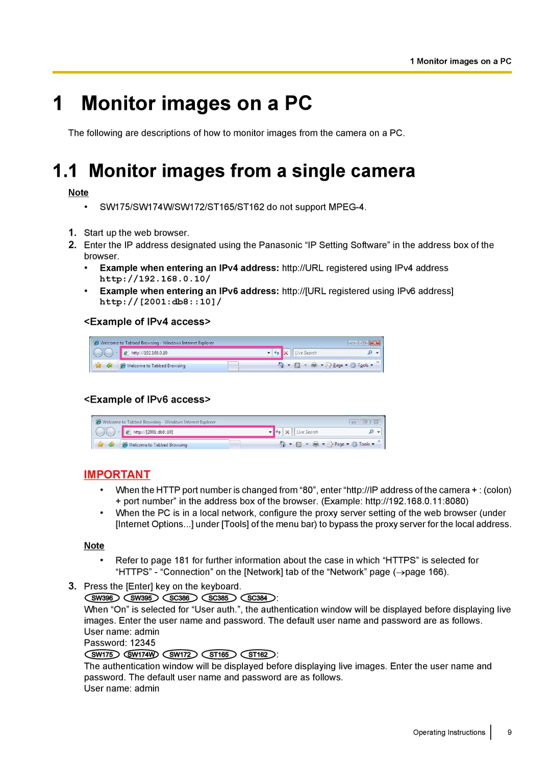 Panasonic WV-SW390, WV-SW170, WV-ST160, WV-SC380 Monitor images on a PC, Monitor images from a single camera 