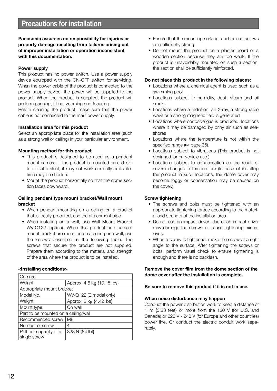 Panasonic WV-SW396E, WV-SW395E manual Precautions for installation 