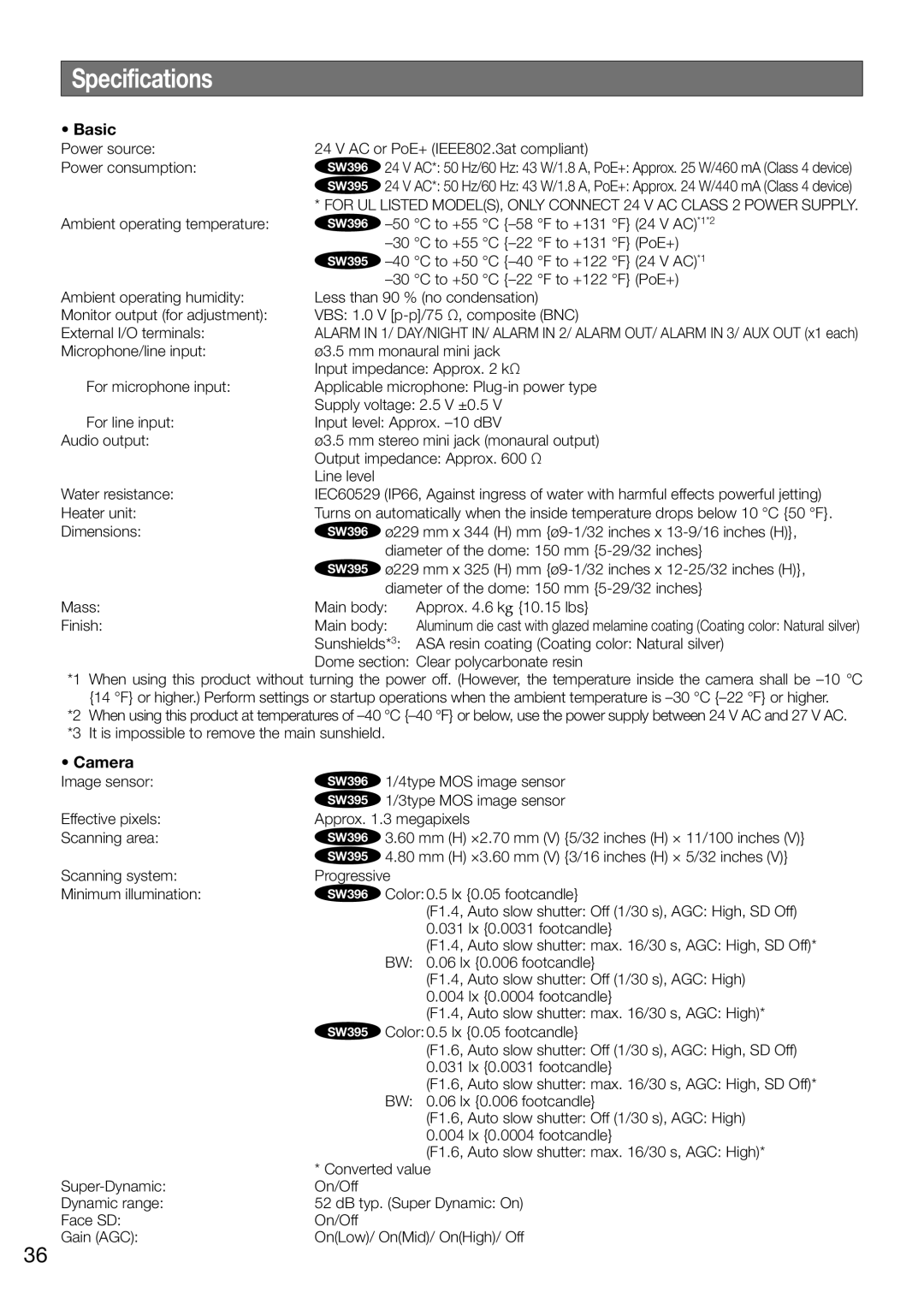 Panasonic WV-SW396E, WV-SW395E manual Specifications, Basic 