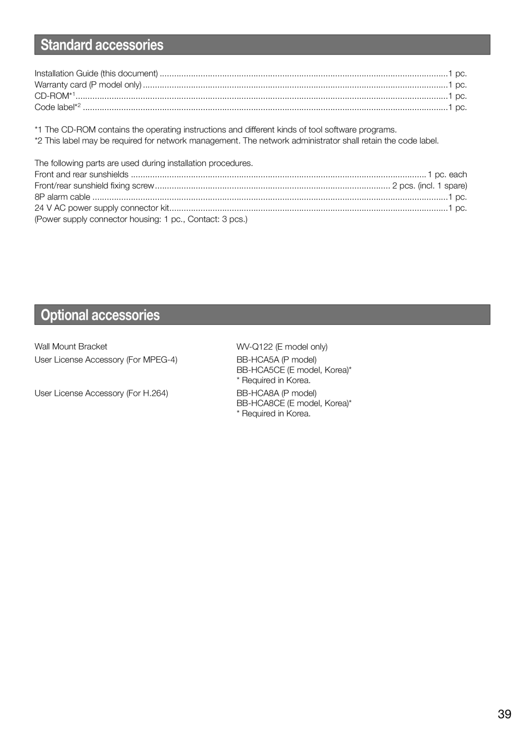 Panasonic WV-SW395E, WV-SW396E manual Standard accessories, Optional accessories 