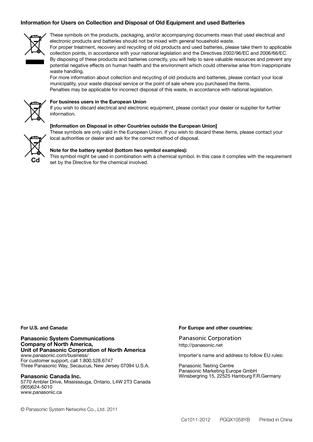 Panasonic WV-SW396E, WV-SW395E manual For business users in the European Union, For U.S. and Canada 