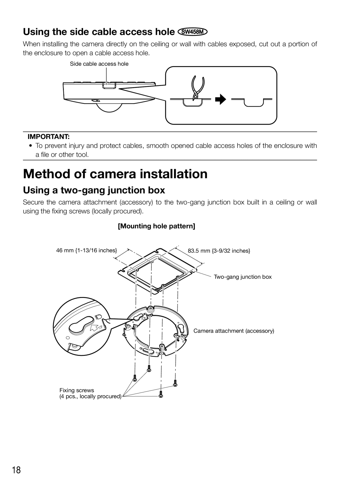 Panasonic WV-SW458E, WV-SW458ME installation instructions Using the side cable access hole SW458M, Mounting hole pattern 