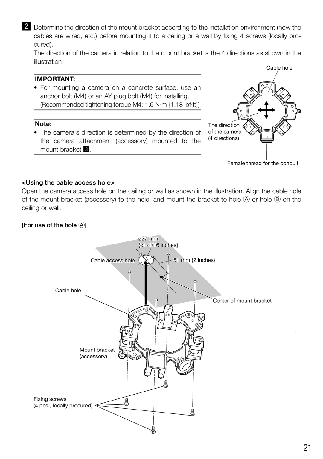 Panasonic WV-SW458E, WV-SW458ME installation instructions Ø1-1/16 inches Cable access hole 