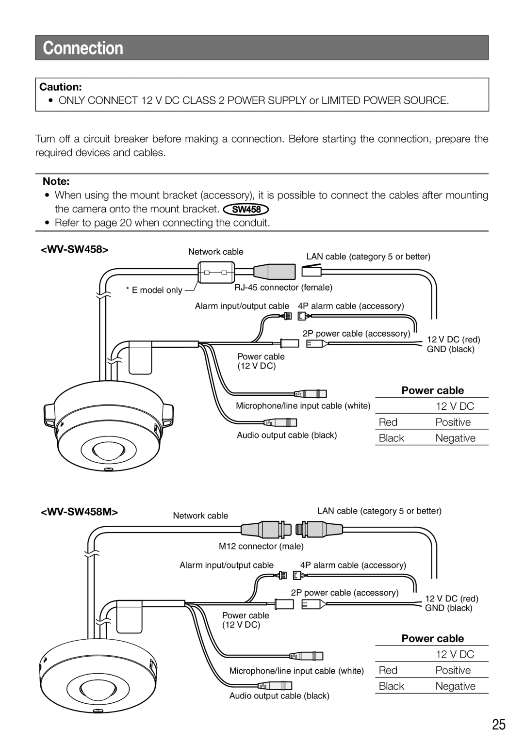 Panasonic WV-SW458E, WV-SW458ME installation instructions Connection, Power cable 