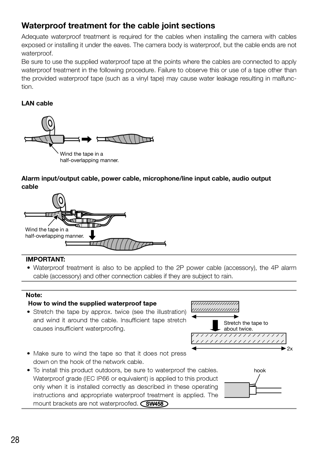 Panasonic WV-SW458E, WV-SW458ME installation instructions LAN cable, How to wind the supplied waterproof tape 