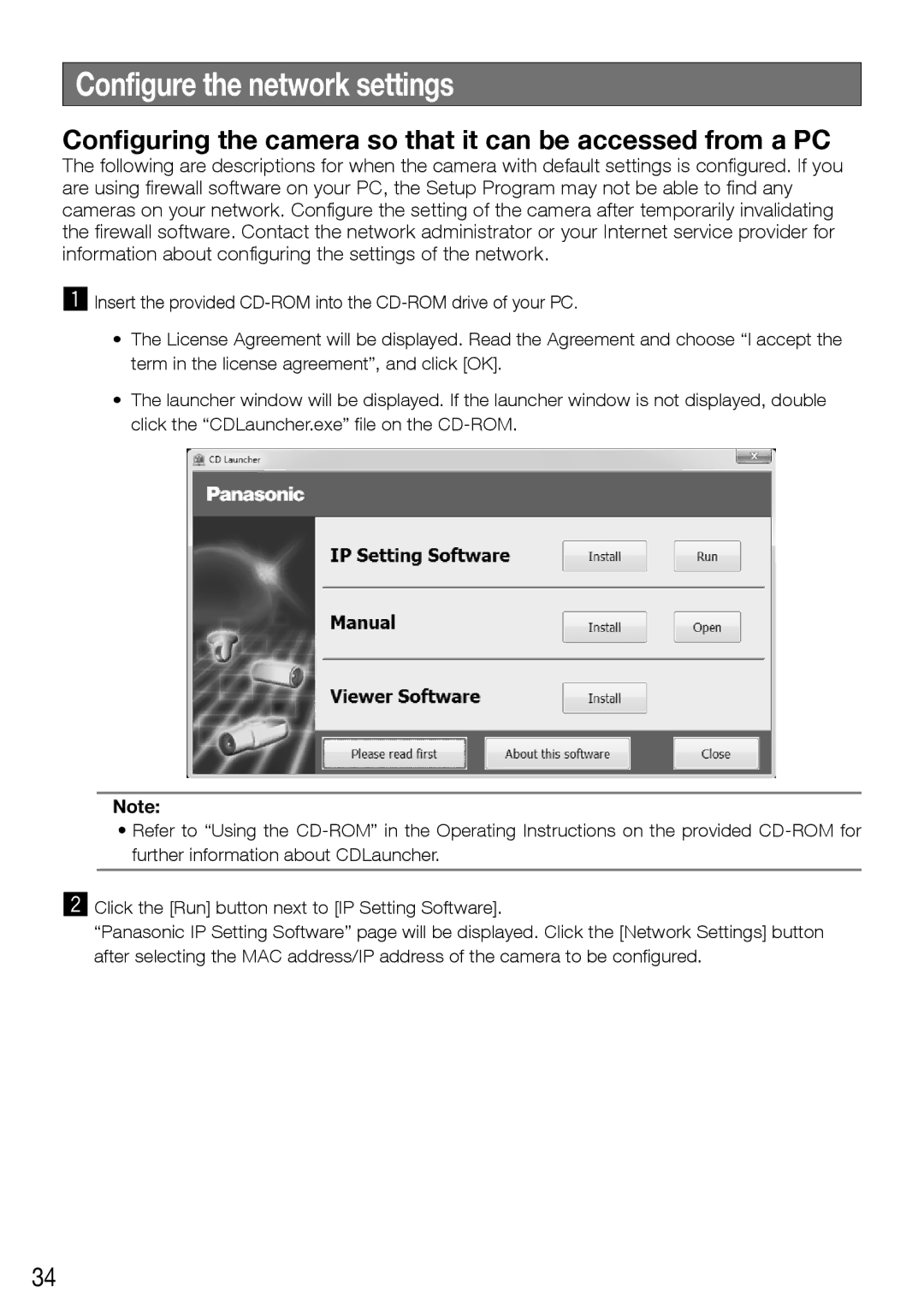 Panasonic WV-SW458M, WV-SW458E Configure the network settings, Configuring the camera so that it can be accessed from a PC 