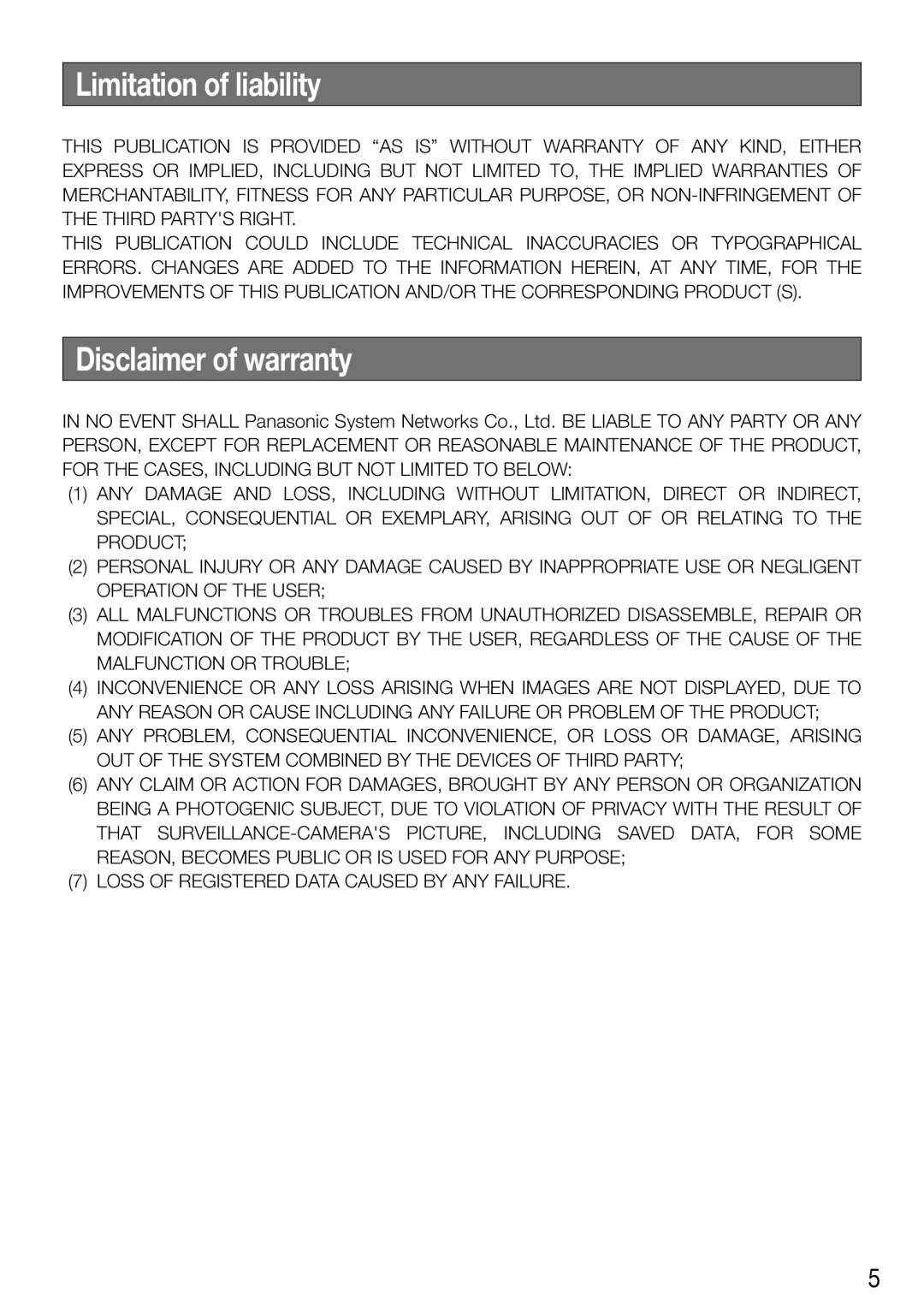 Panasonic WV-SW458E, WV-SW458ME installation instructions Limitation of liability, Disclaimer of warranty 