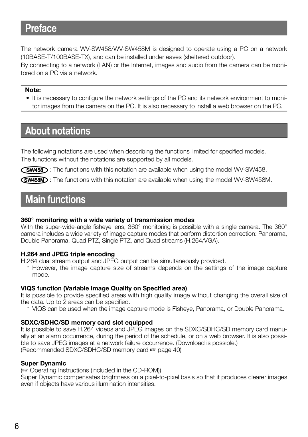 Panasonic WV-SW458E, WV-SW458ME installation instructions Preface, About notations, Main functions 