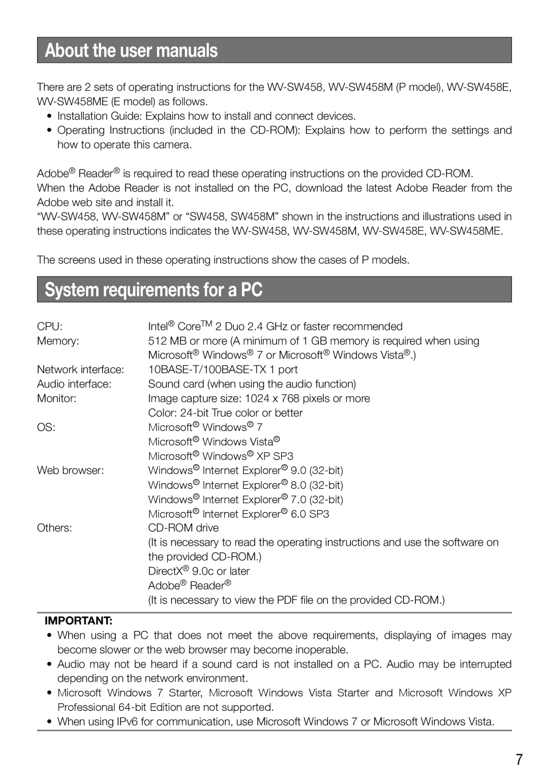 Panasonic WV-SW458ME, WV-SW458E installation instructions System requirements for a PC, Cpu 