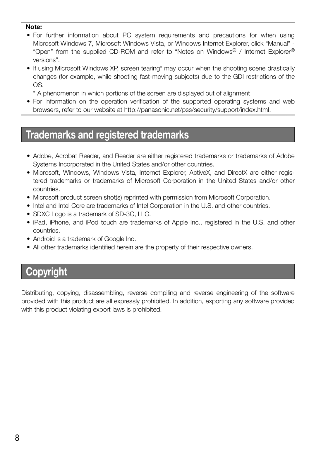 Panasonic WV-SW458E, WV-SW458ME installation instructions Trademarks and registered trademarks, Copyright 