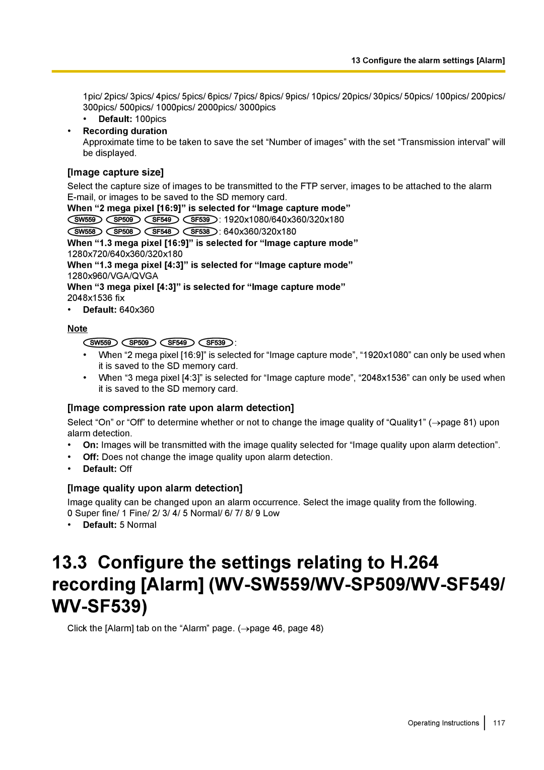 Panasonic WV-SF548 Image compression rate upon alarm detection, Image quality upon alarm detection, Default 5 Normal 