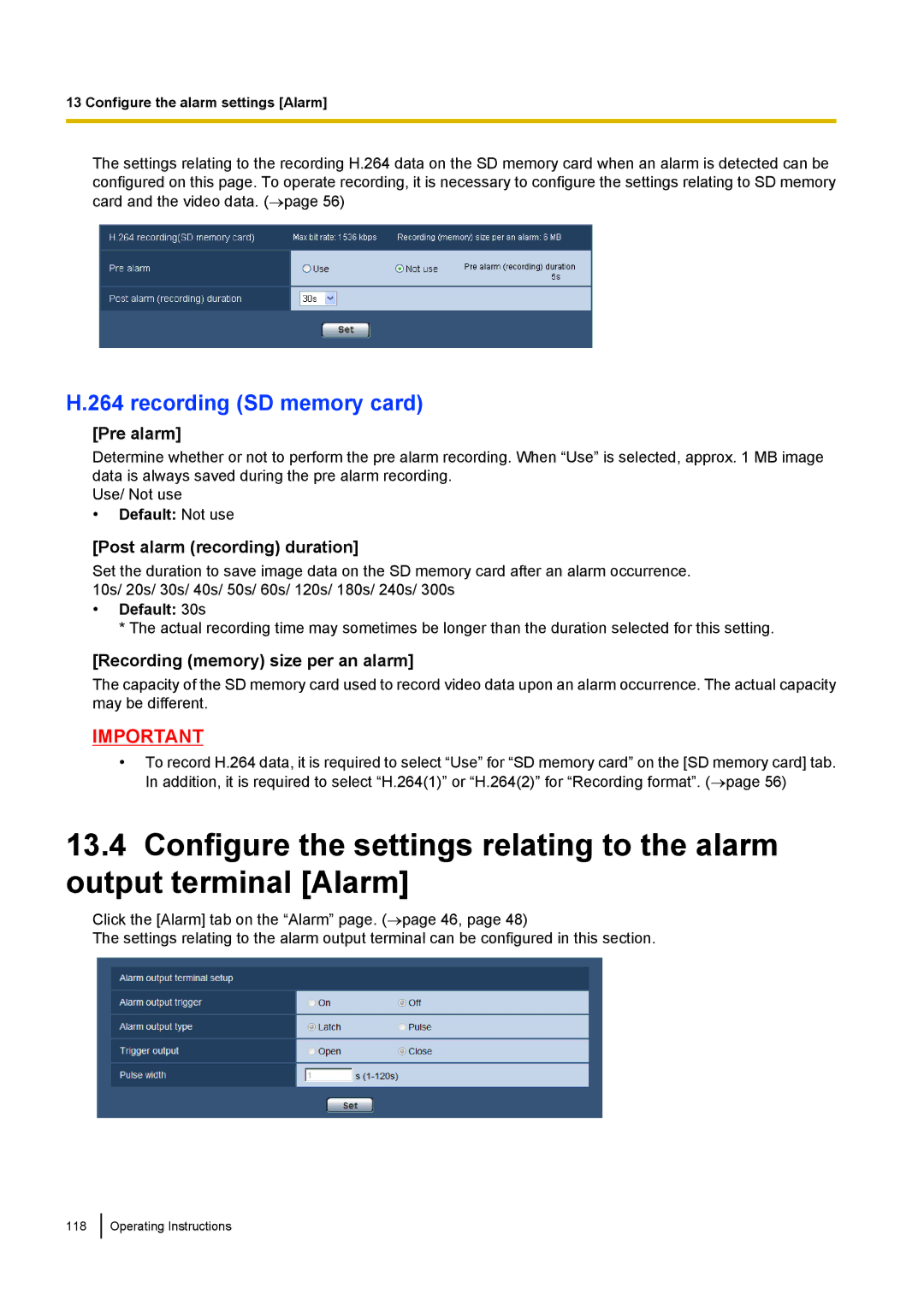 Panasonic WV-SF539 Recording SD memory card, Pre alarm, Post alarm recording duration, Recording memory size per an alarm 