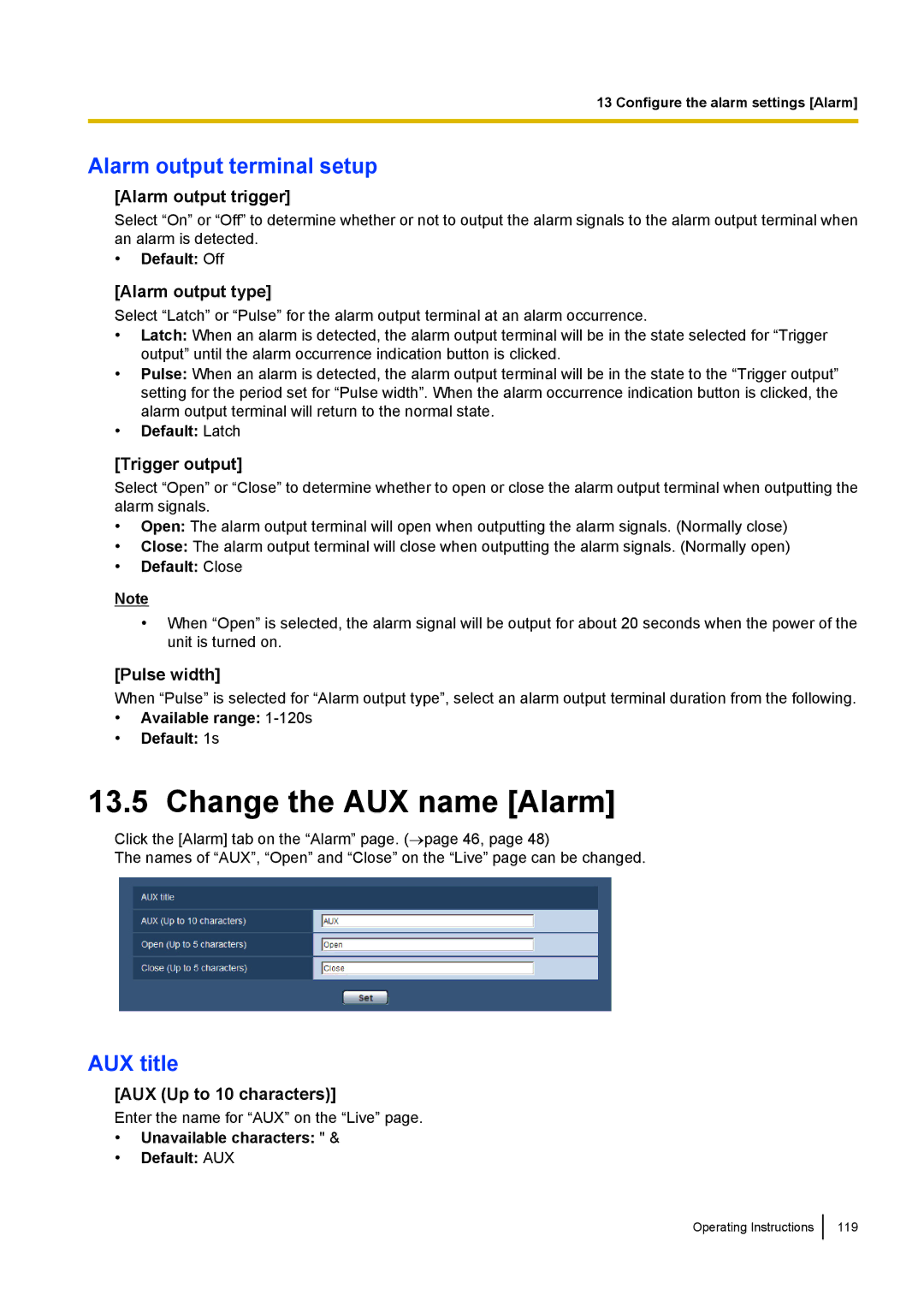 Panasonic WV-SW558E, WV-SW559PJ, WV-SW559E, WV-SP509E Change the AUX name Alarm, Alarm output terminal setup, AUX title 