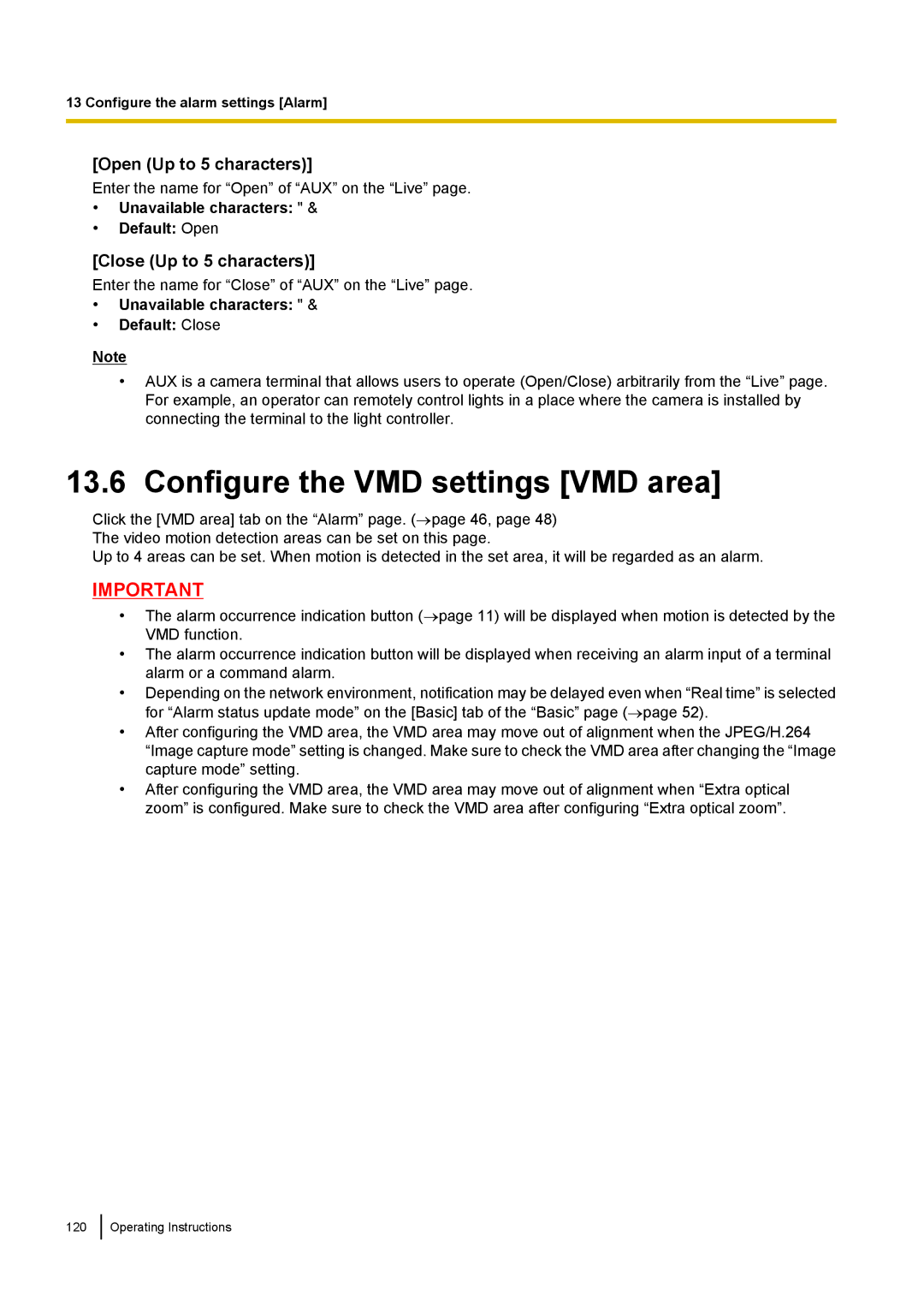 Panasonic WV-SW558E, WV-SW559 Configure the VMD settings VMD area, Open Up to 5 characters, Close Up to 5 characters 