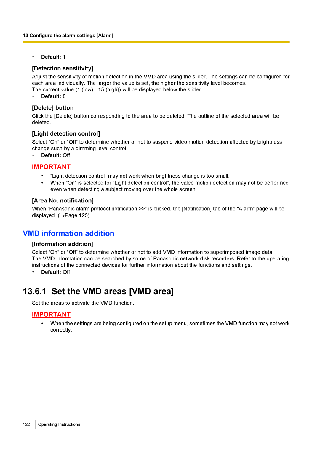 Panasonic WV-SW559PJ VMD information addition, Detection sensitivity, Light detection control, Area No. notification 