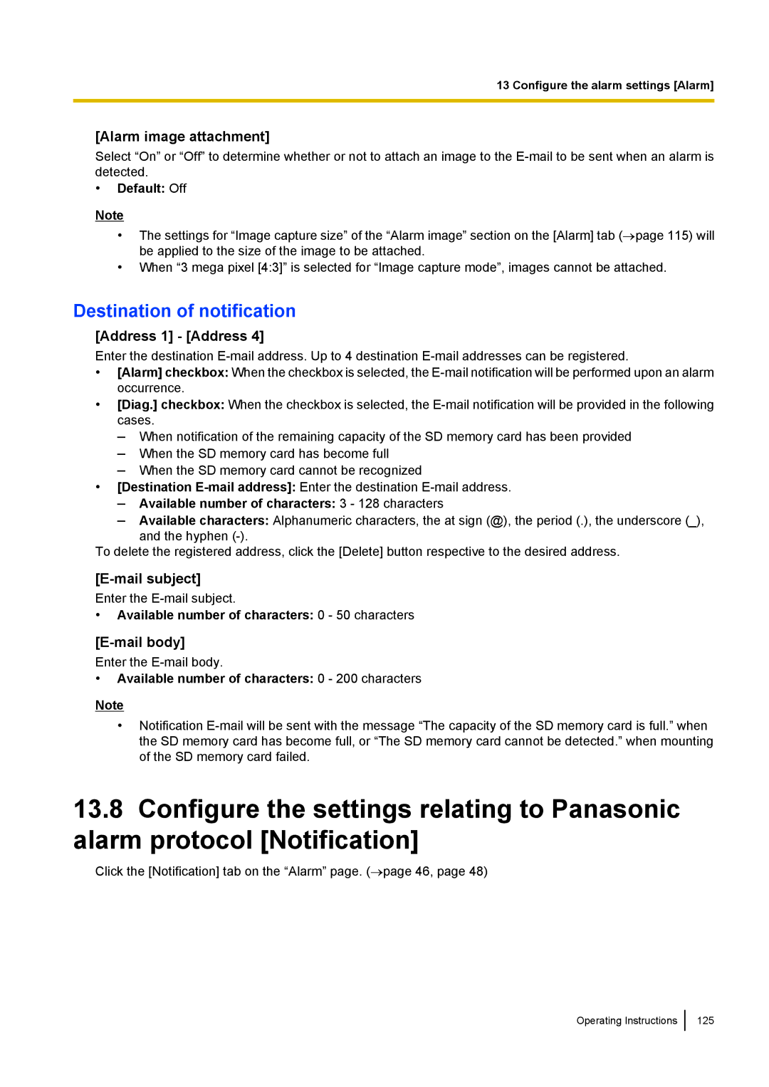 Panasonic WV-SP508E Destination of notification, Alarm image attachment, Address 1 Address, Mail subject, Mail body 