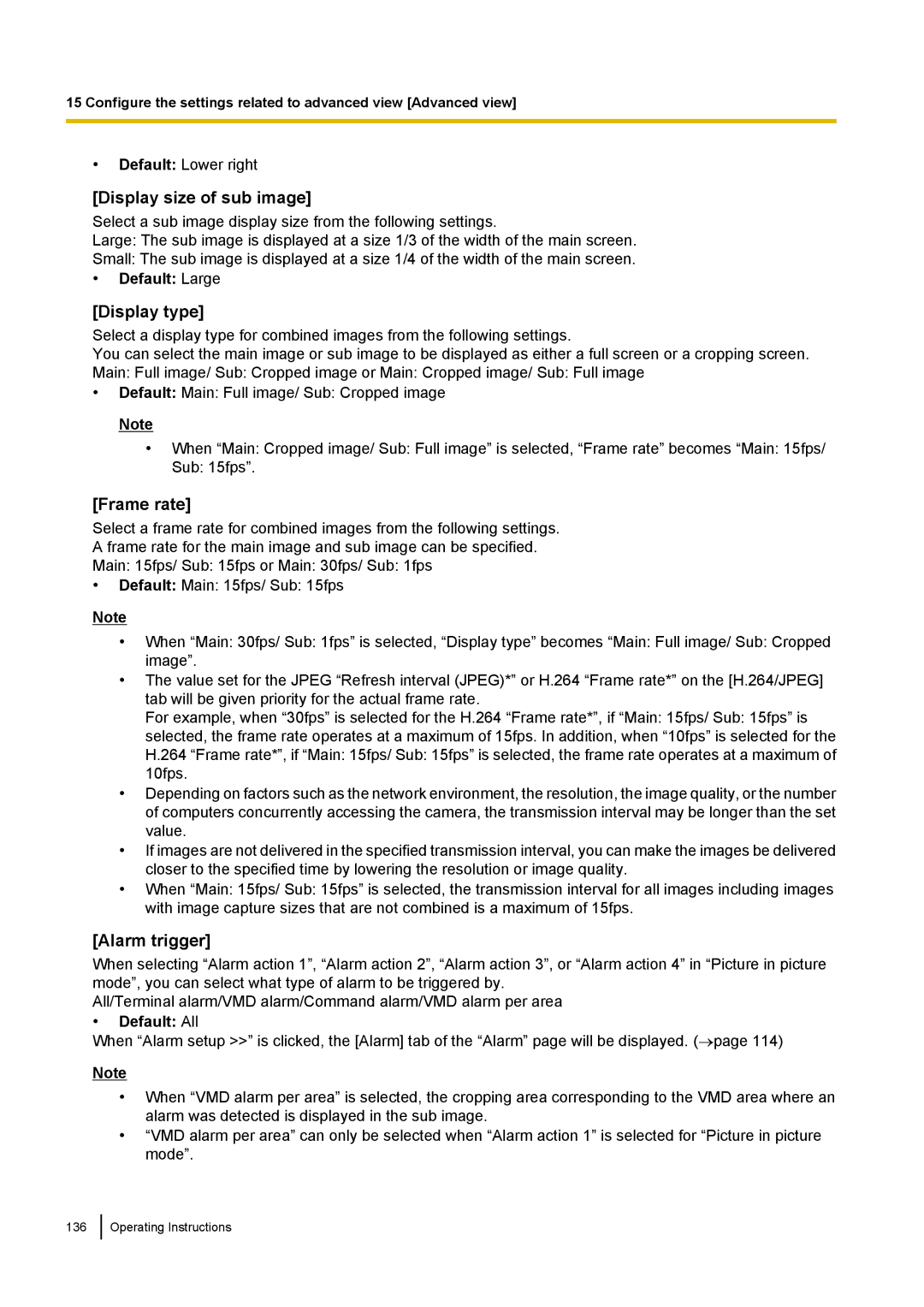 Panasonic WV-SW558E, WV-SW559PJ, WV-SW559E, WV-SP509 Display size of sub image, Alarm trigger, Default Large, Default All 