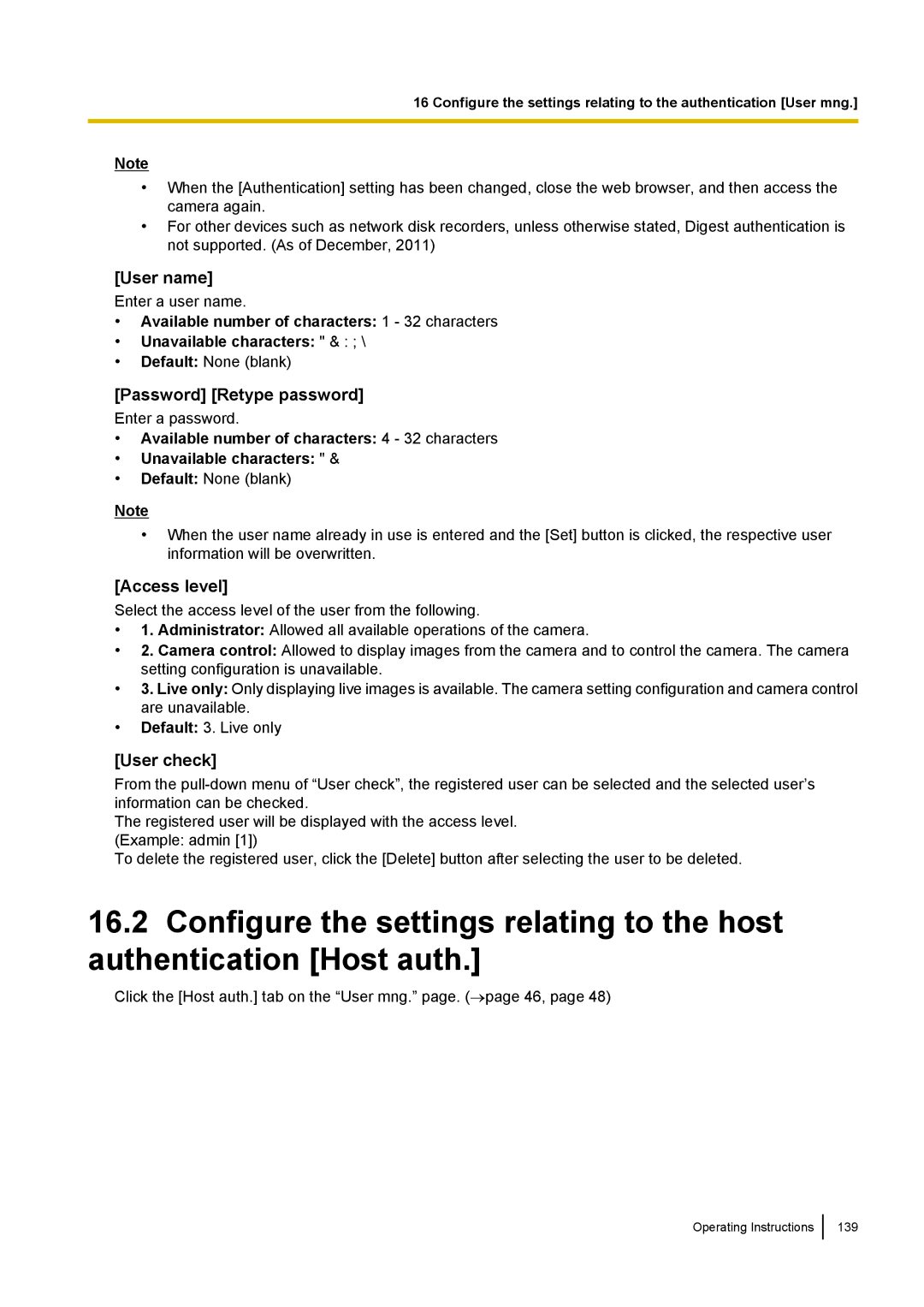 Panasonic WV-SW559PJ, WV-SW558E, WV-SW559E, WV-SP509E, WV-SP508E, WV-SF549E Password Retype password, Access level, User check 