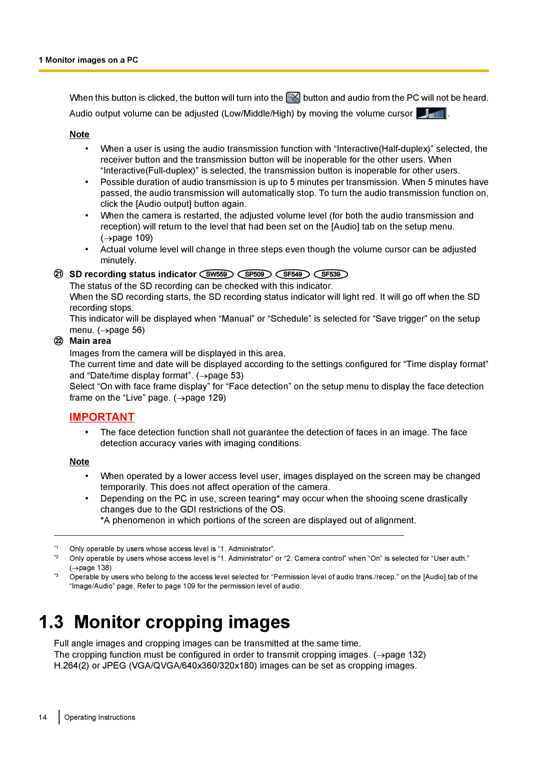 Panasonic WV-SF538E, WV-SW558E, WV-SW559PJ, WV-SW559E Monitor cropping images, SD recording status indicator, Main area 