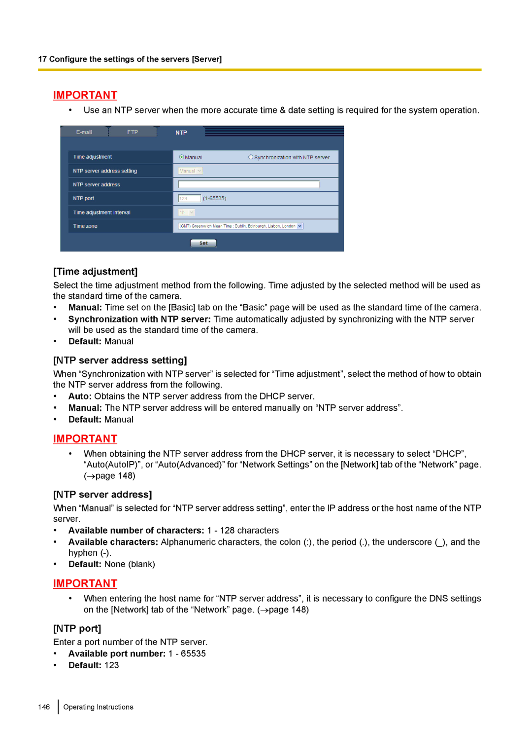 Panasonic WV-SP508, WV-SW558E, WV-SW559PJ, WV-SP509 Time adjustment, NTP server address setting, NTP port, Default Manual 