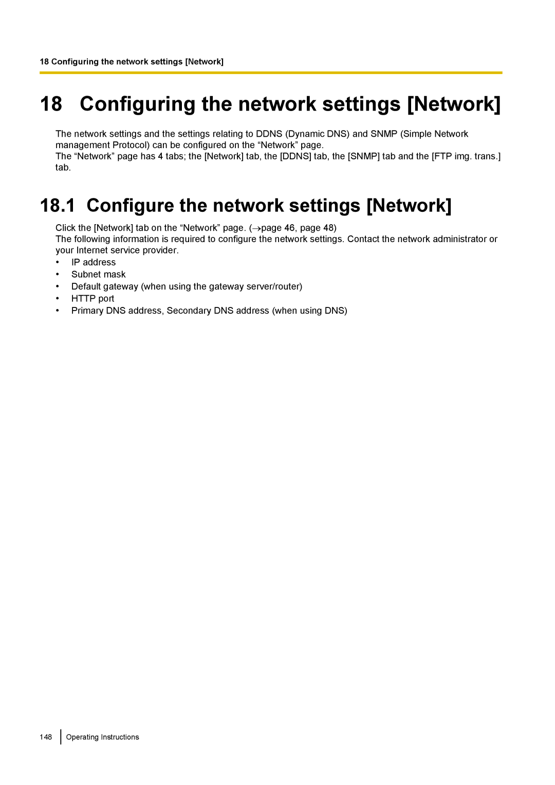 Panasonic WV-SF539E, WV-SW558E, WV-SW559 Configuring the network settings Network, Configure the network settings Network 