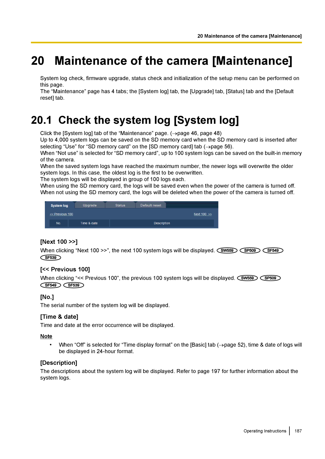 Panasonic WV-SW558E Maintenance of the camera Maintenance, Check the system log System log, Next, Previous, Description 