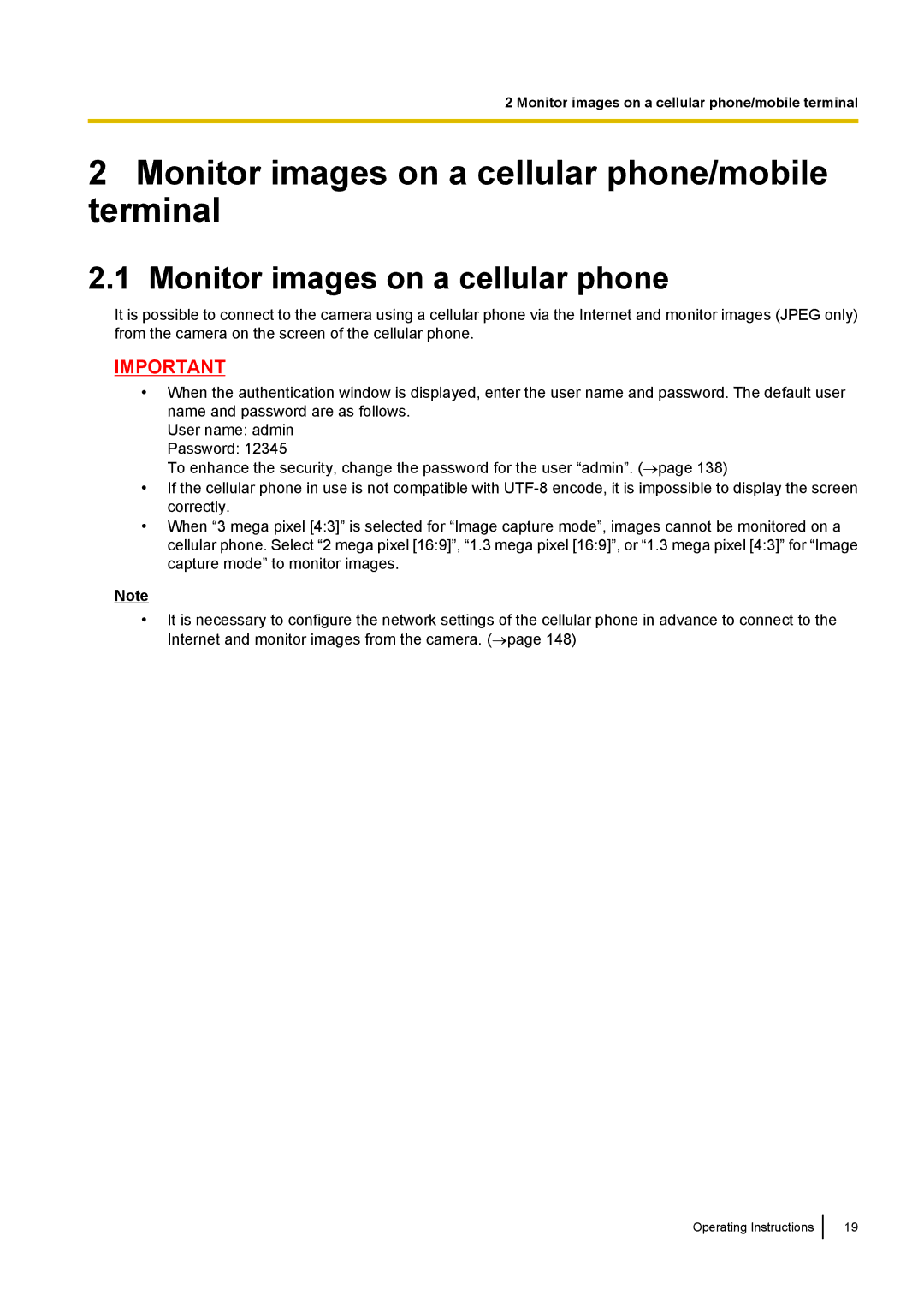 Panasonic WV-SW558E, WV-SW559PJ, WV-SW559E, WV-SP509E, WV-SP508E Monitor images on a cellular phone/mobile terminal 