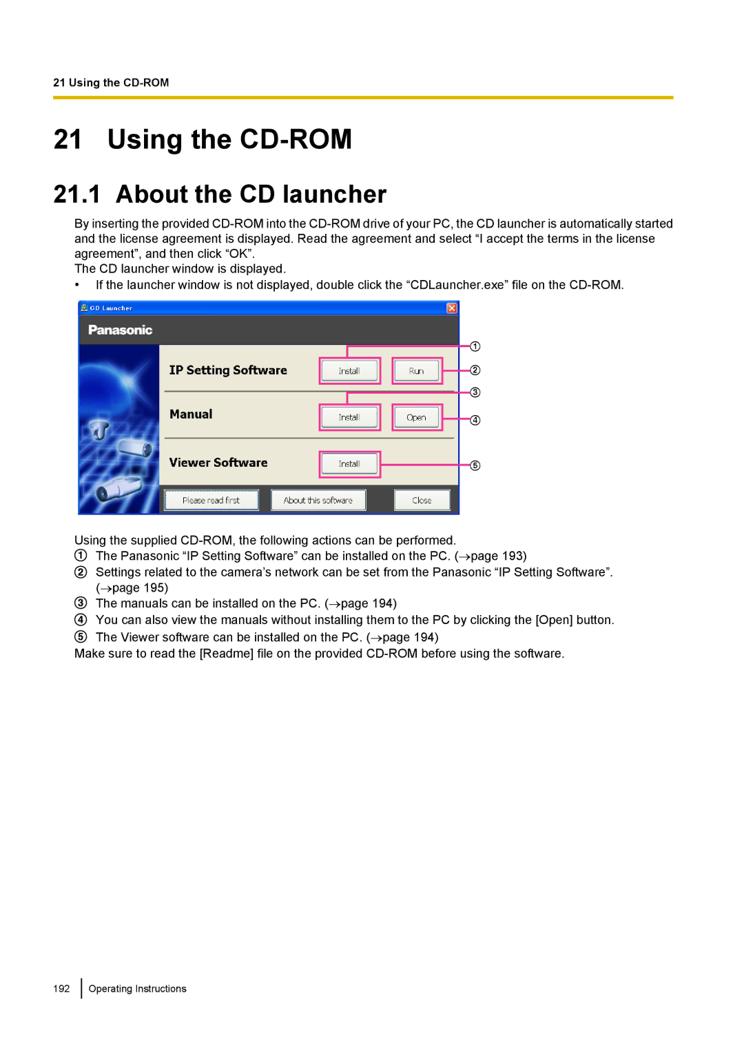 Panasonic WV-SP509E, WV-SW558E, WV-SW559PJ, WV-SW559E, WV-SP508E, WV-SF549E Using the CD-ROM, About the CD launcher 