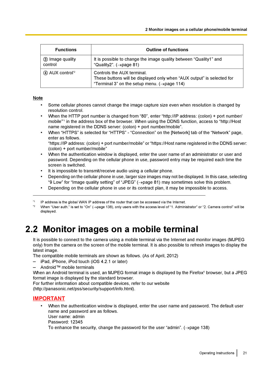 Panasonic WV-SW559E, WV-SW558E, WV-SW559PJ, WV-SP509E, WV-SP508E, WV-SF549E, WV-SF548E Monitor images on a mobile terminal 