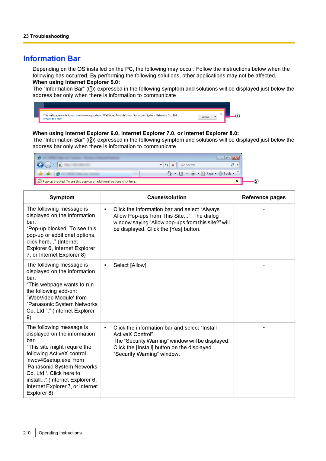 Panasonic WV-SP508E, WV-SW558E, WV-SW559PJ, WV-SW559E, WV-SP509E, WV-SF549E Information Bar, When using Internet Explorer 