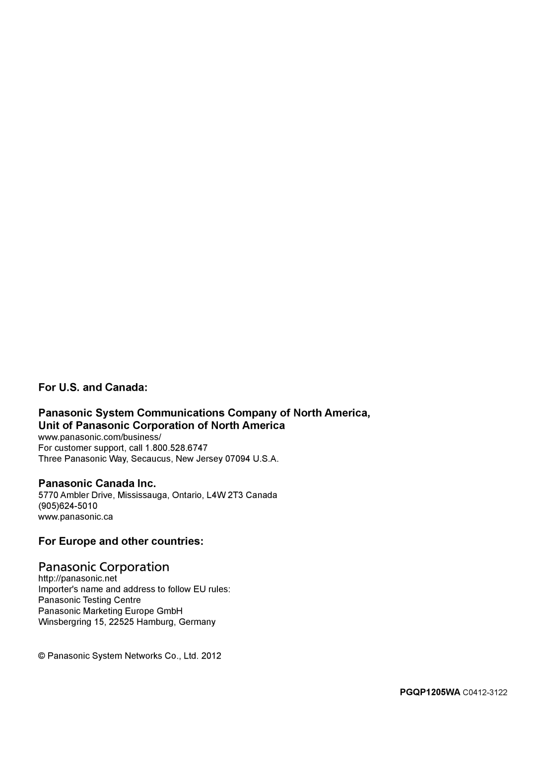 Panasonic WV-SF539E, WV-SW558E, WV-SW559PJ, WV-SW559E, WV-SP509E For Europe and other countries, PGQP1205WA C0412-3122 