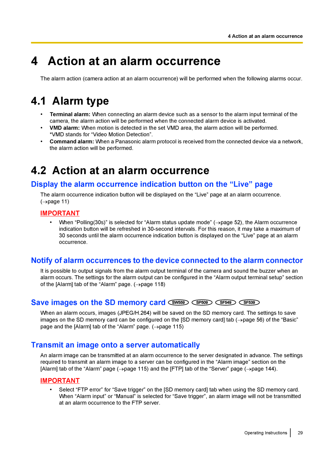 Panasonic WV-SF539E, WV-SW558E, WV-SW559PJ, WV-SW559E, WV-SP509E, WV-SP508E Action at an alarm occurrence, Alarm type 