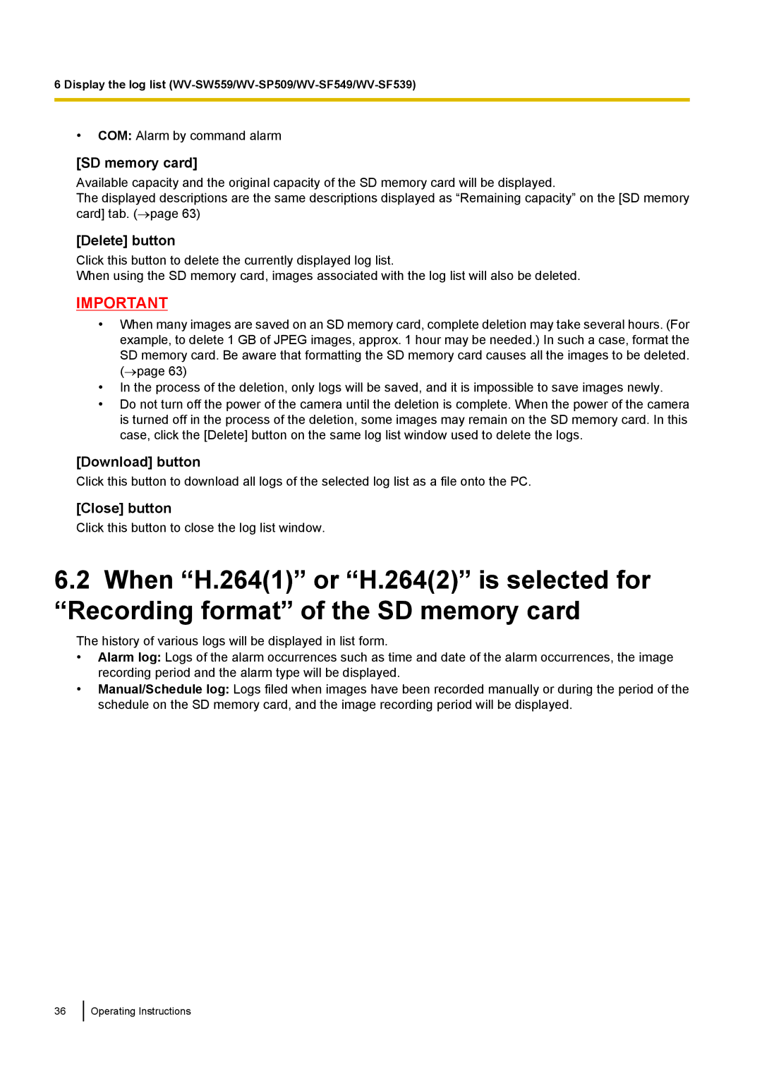 Panasonic WV-SW558E, WV-SW559PJ, WV-SW559E, WV-SP509E SD memory card, Delete button, Download button, Close button 