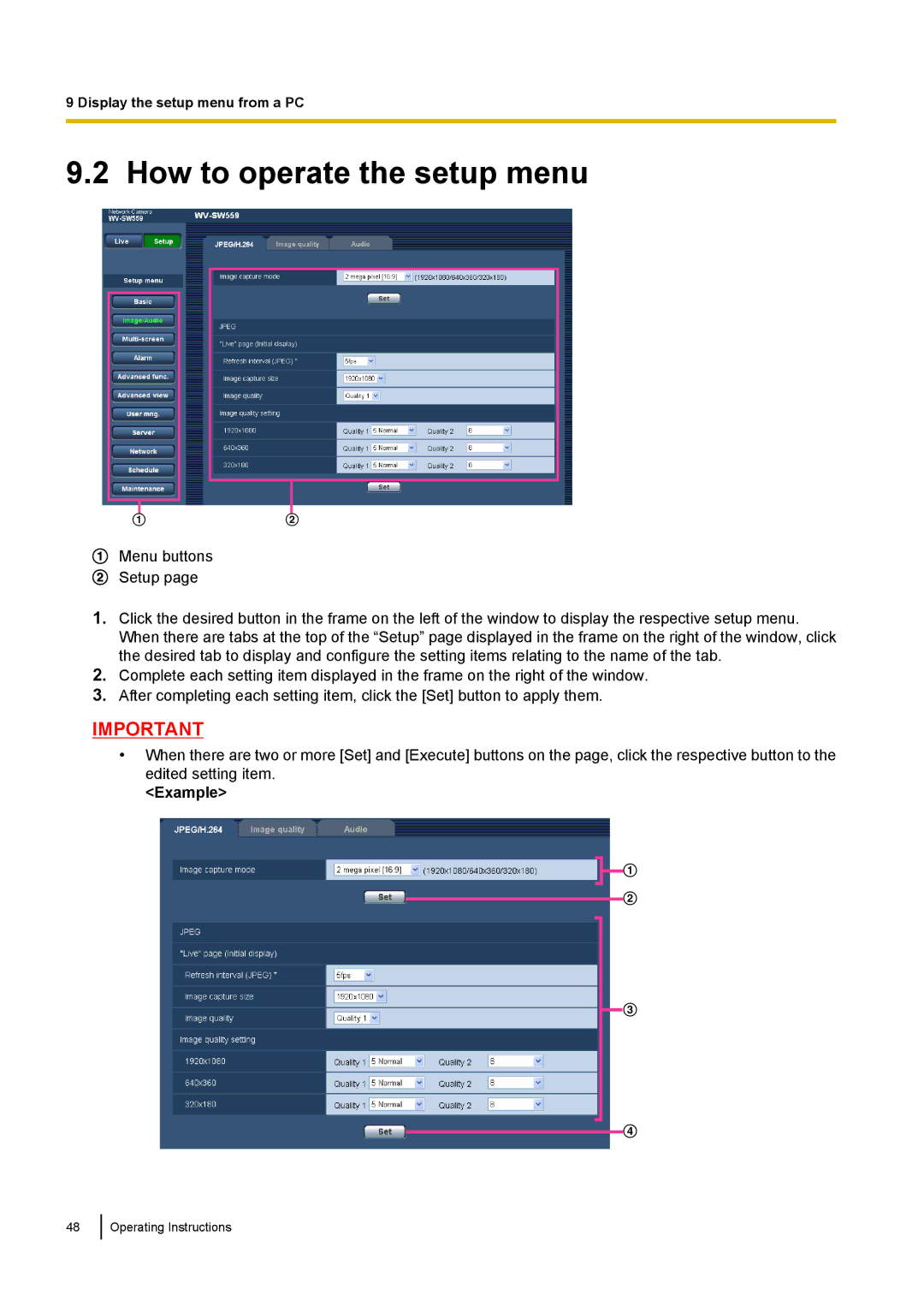 Panasonic WV-SF538E, WV-SW558E, WV-SW559PJ, WV-SW559E, WV-SP509E, WV-SP508E, WV-SF549 How to operate the setup menu, Example 