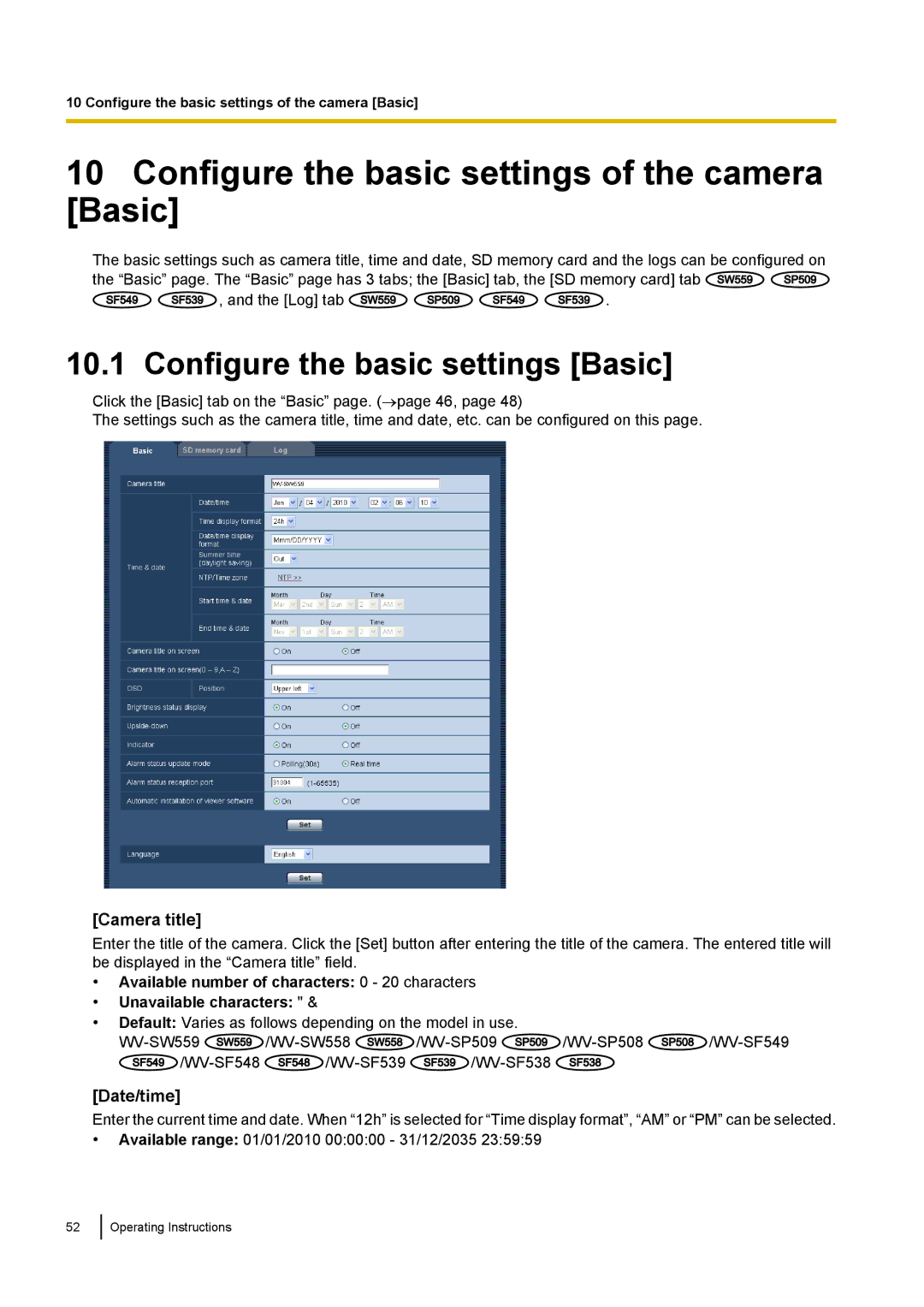 Panasonic WV-SW558 Configure the basic settings of the camera Basic, Configure the basic settings Basic, Camera title 