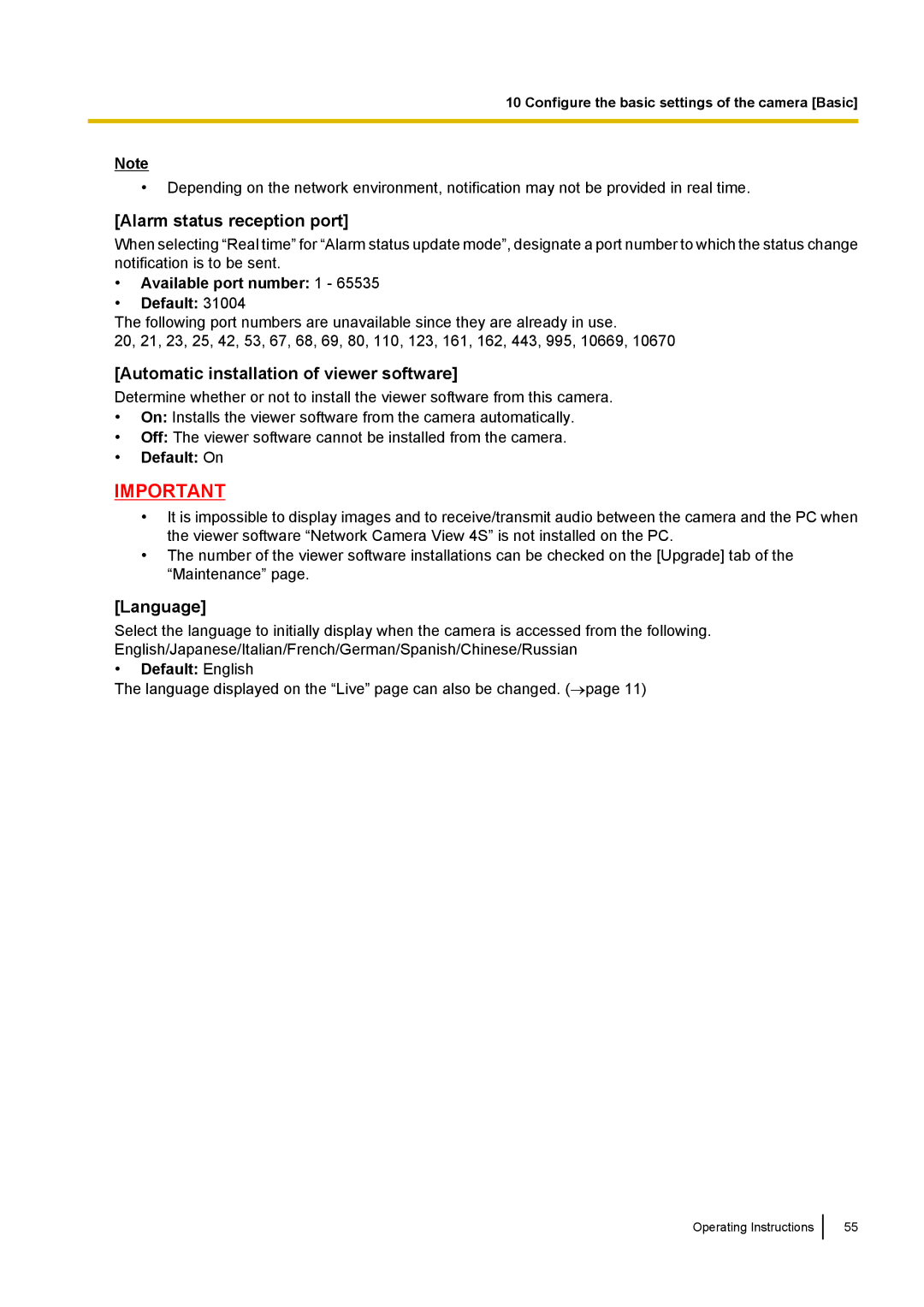 Panasonic WV-SW559E Alarm status reception port, Automatic installation of viewer software, Language, Default English 