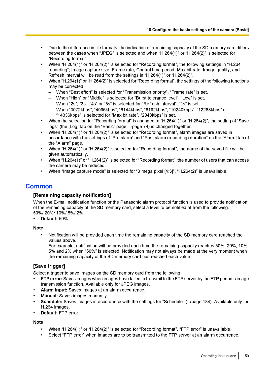 Panasonic WV-SF549E, WV-SW558E Common, Remaining capacity notification, Save trigger, Default 50%, Default FTP error 